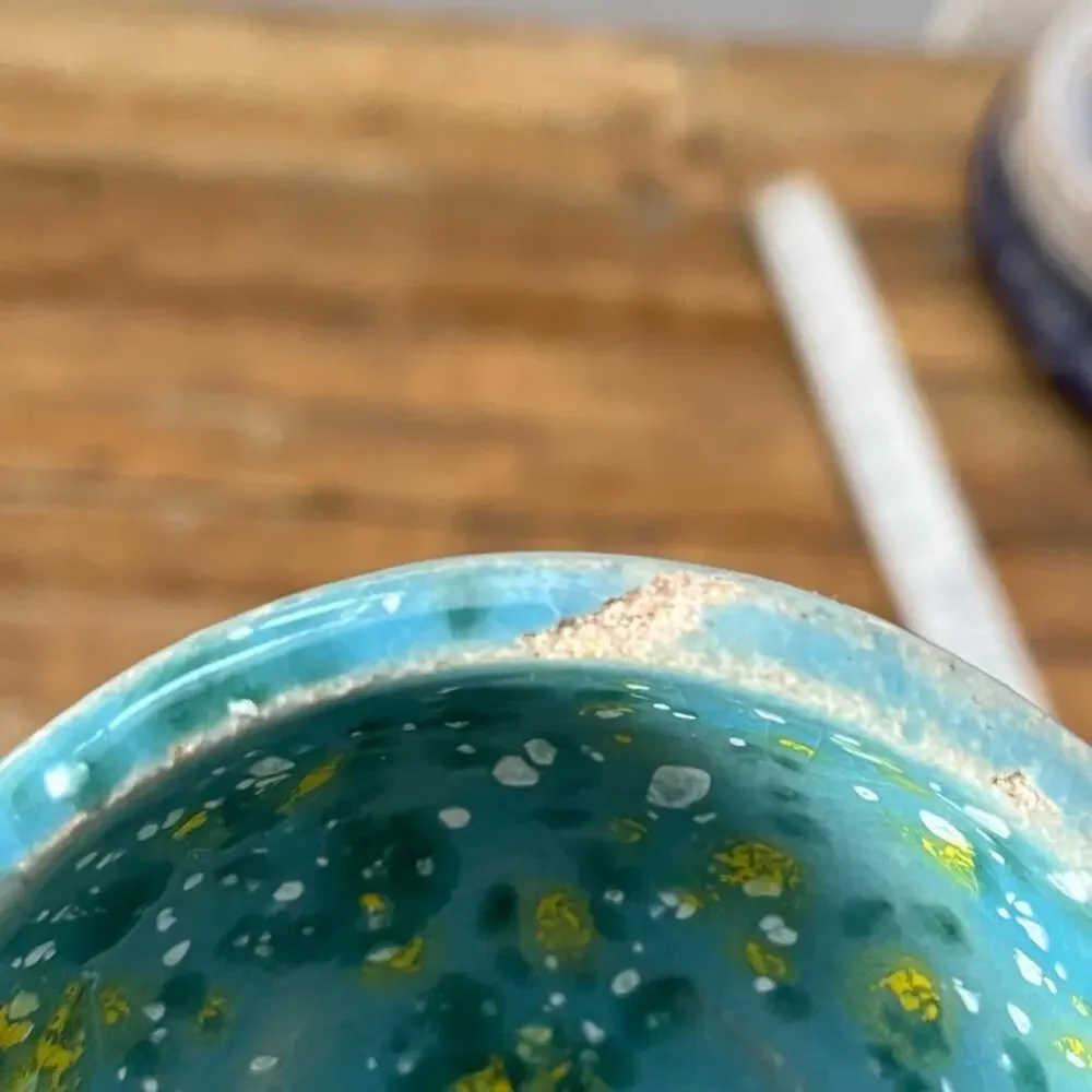 Handmade Clay Pottery Bowl Blue Yellow Speckled Crackle Glaze Artist Signed